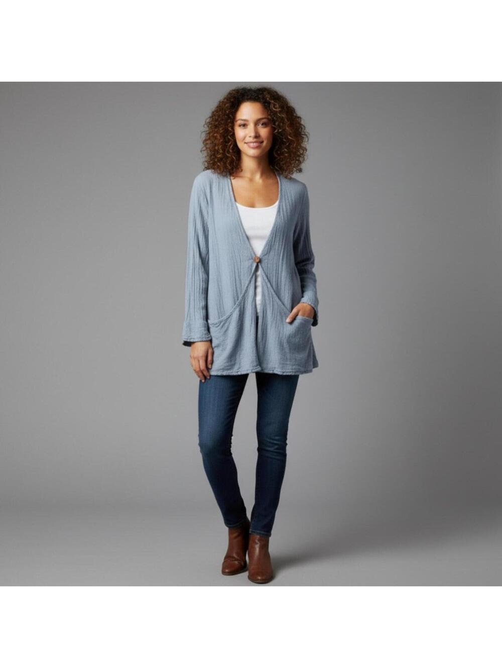 Manta del Lago Gray Boho Chic Cotton Long Sleeve Cardigan Top Size S Lagenlook